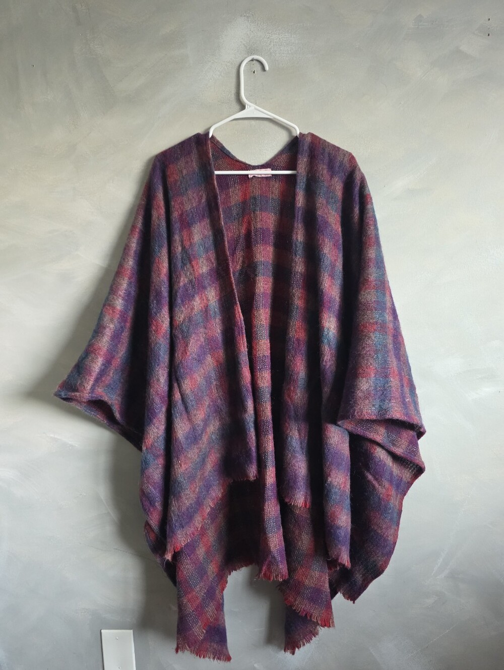 Carolina Amato Mohair Knits Purple and Red Plaid Mohair Fringe Shawl Wrap OS